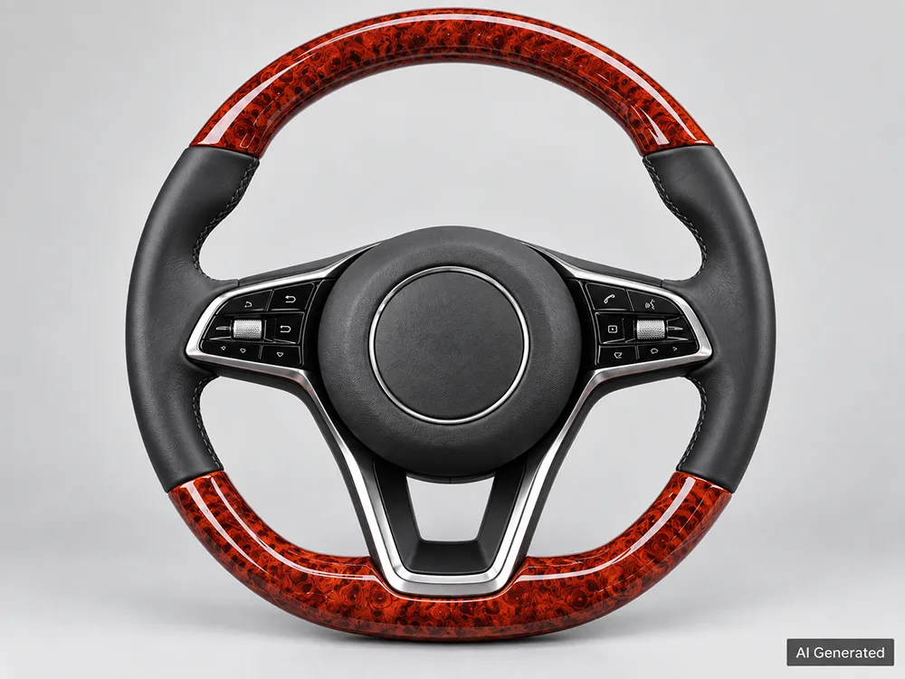 AI generated steering wheel application with high-gloss burl wood grain PVC leather