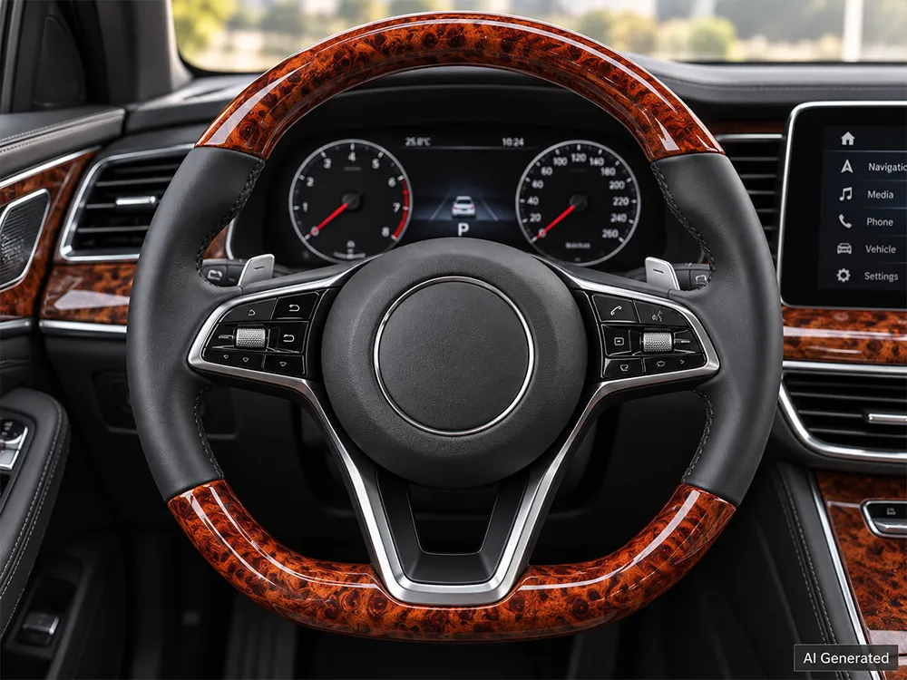 AI generated steering wheel application with high-gloss burl wood grain PVC leather