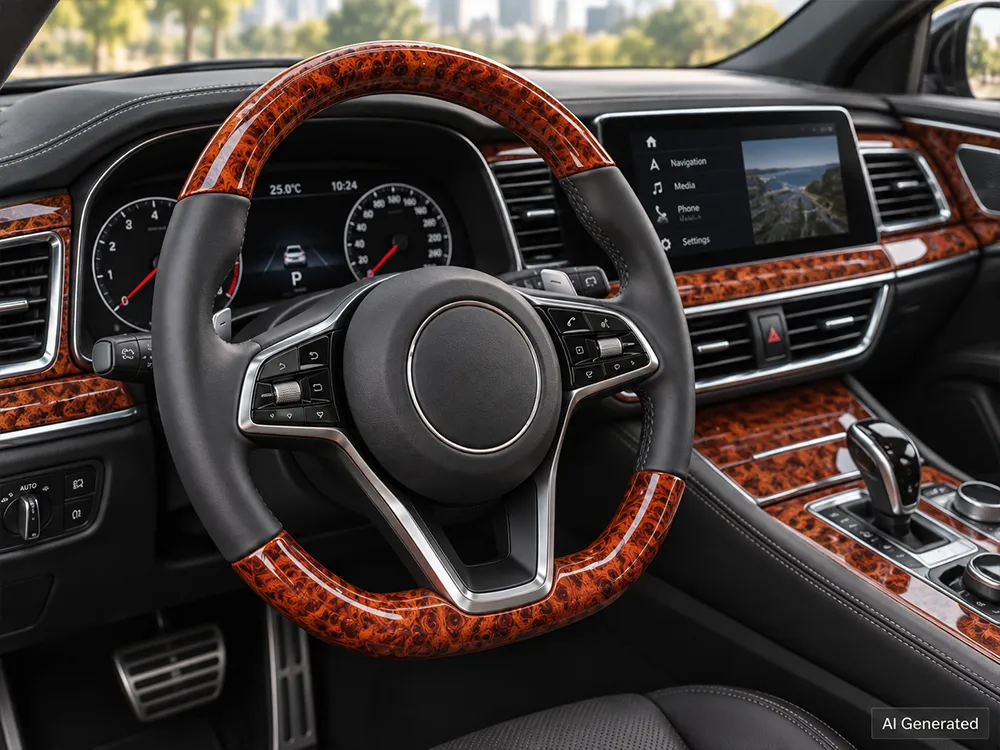 AI generated steering wheel application with high-gloss burl wood grain PVC leather