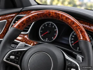 AI generated steering wheel application with high-gloss burl wood grain PVC leather