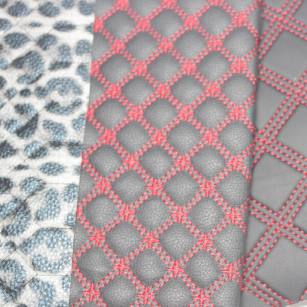 HX004 leopard print quilted PVC automotive leather with 5mm foam backing (3) diamond stitched automotive seat leather texture