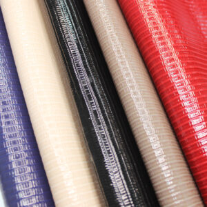 XZ73097 glossy lizard grain PVC leather for bags with faux cotton velvet backing
