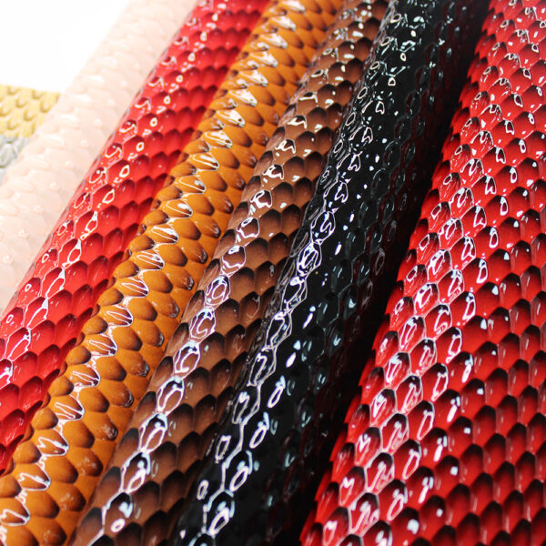 XZ73133 glossy snake scale PVC leather for bags with brush backing