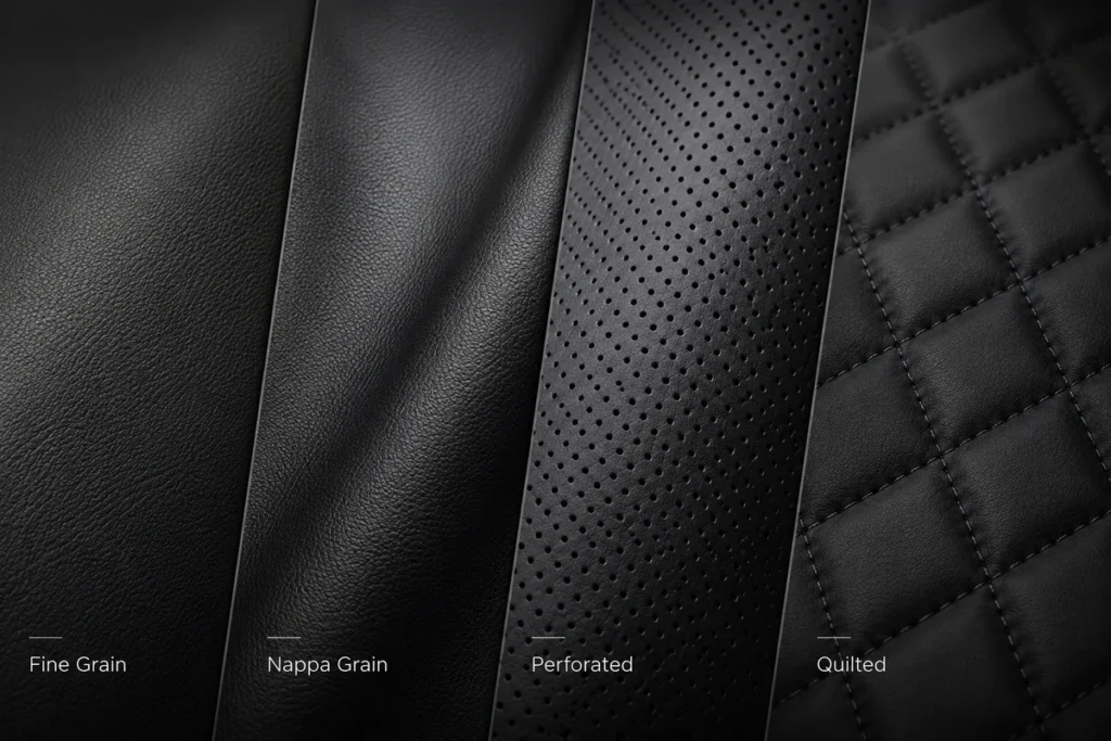 Different grain and perforation options for automotive car seat leather