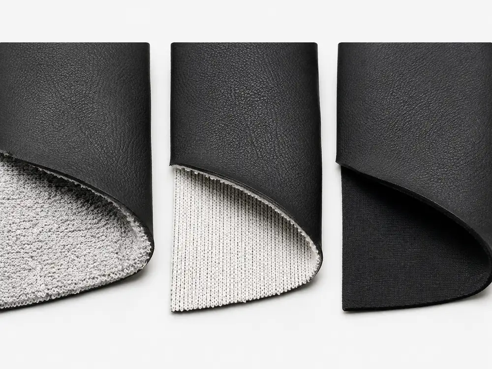 motorcycle seat leather backing options including terry knitted and stretch backing