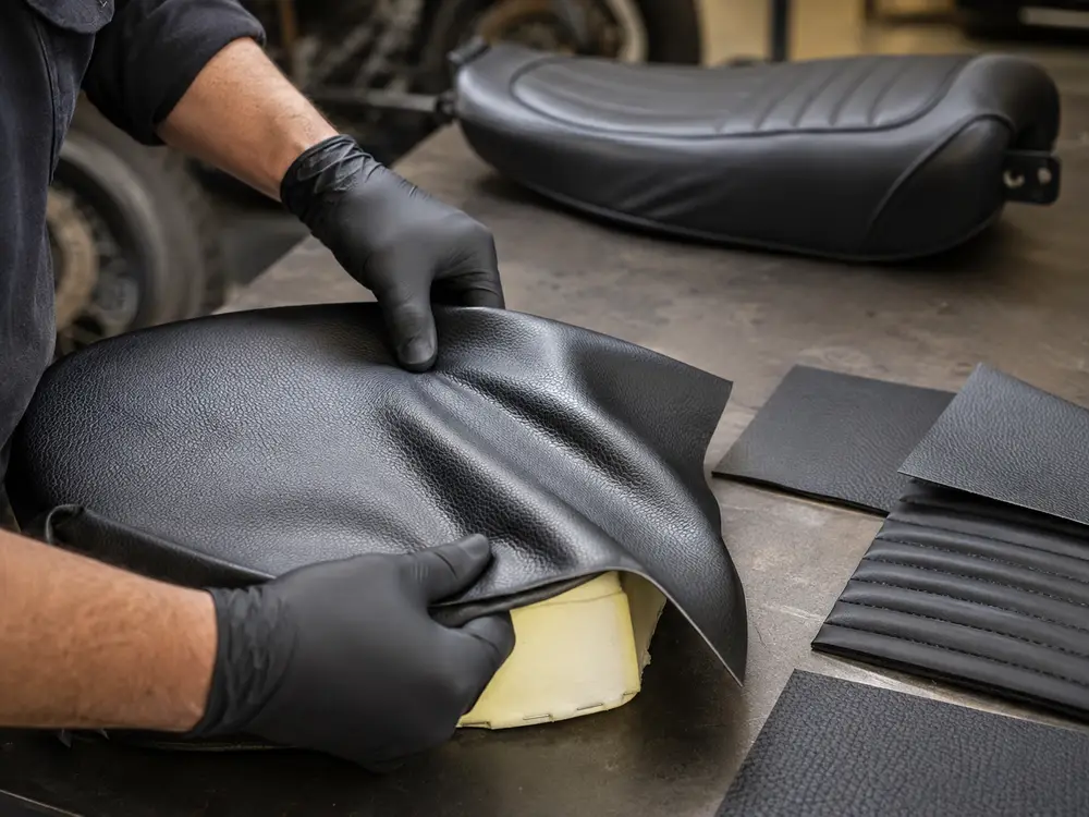 testing synthetic leather fit and stretch on a motorcycle seat
