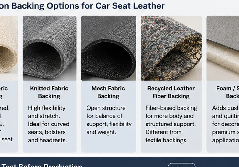 car seat leather backing options including terry knitted mesh recycled leather fiber and foam backing