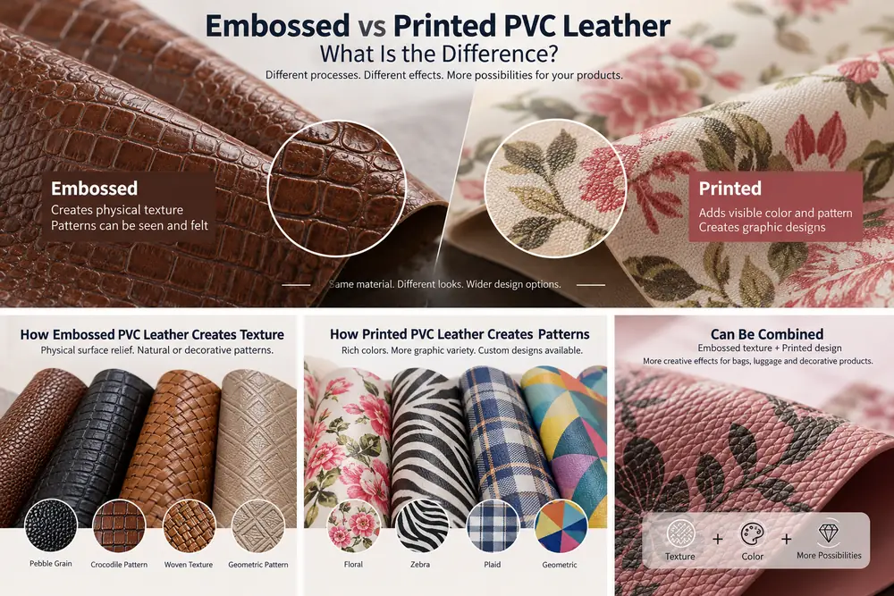 Pelle PVC che combina texture goffrata e motivo decorativo stampato
