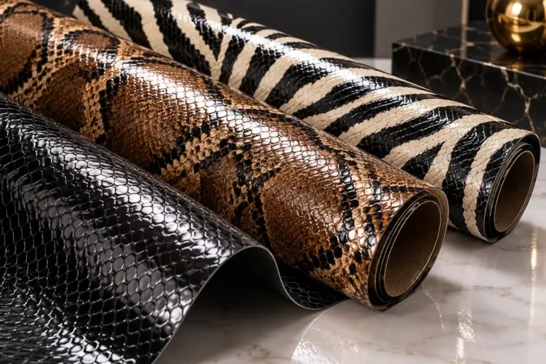 film laminated PVC leather with glossy snakeskin and zebra surface effects