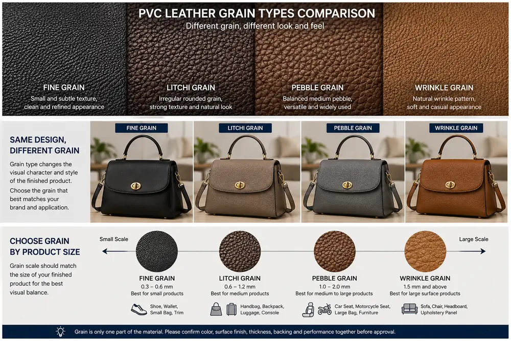 fine grain litchi grain pebble grain and wrinkle grain PVC leather comparison