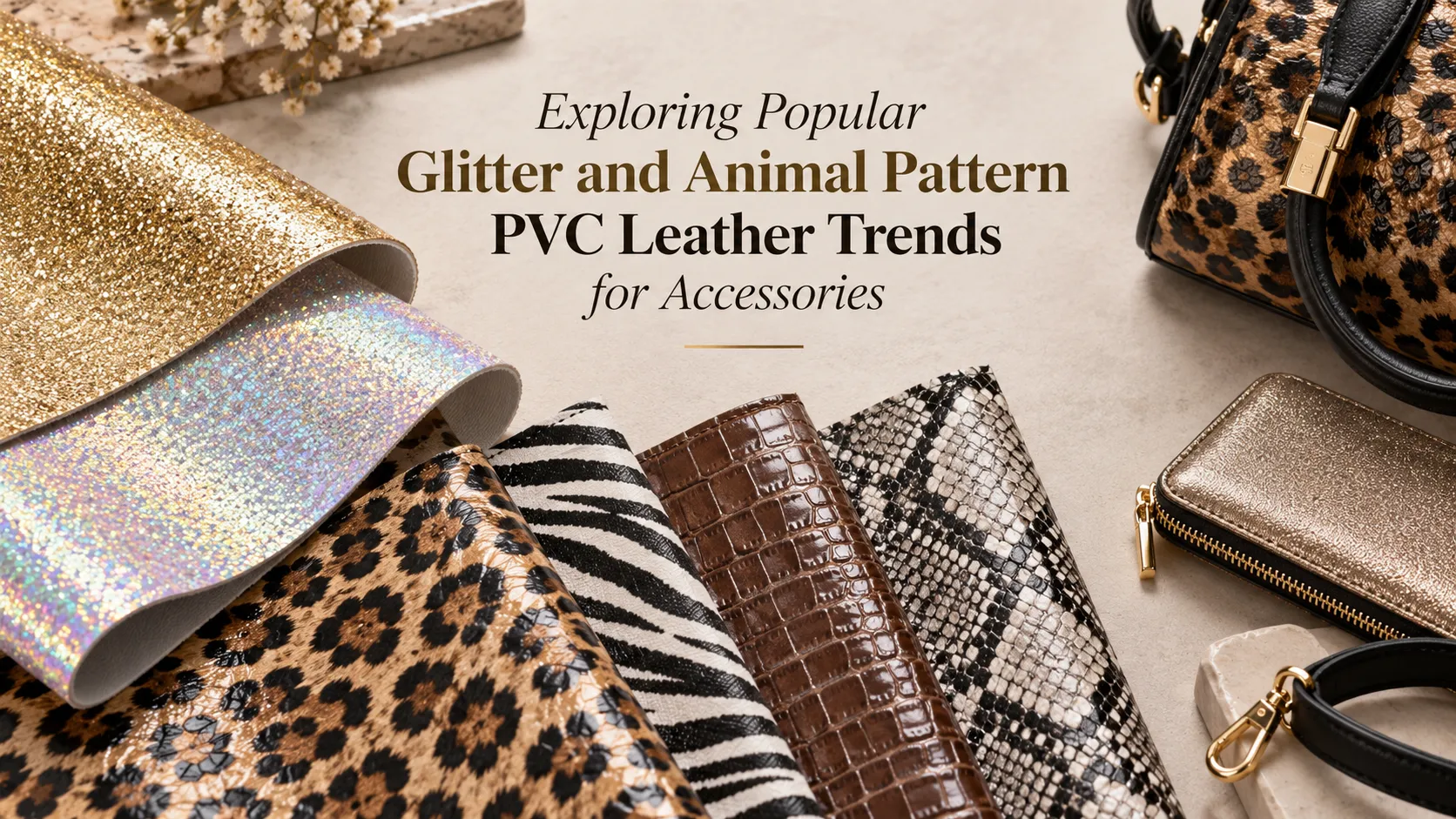 glitter and animal pattern PVC leather trends for fashion accessories