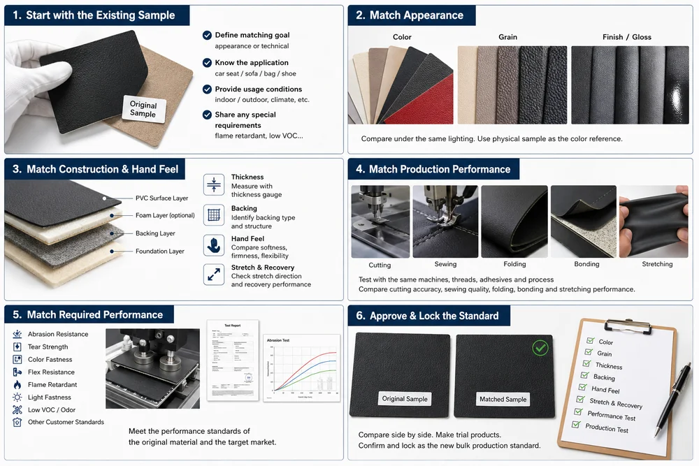 original and matched PVC leather samples approved for bulk production