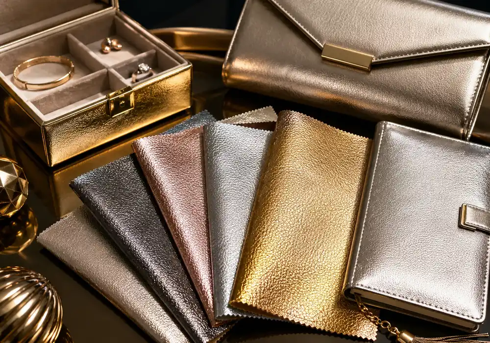 metallic PVC leather finish for packaging fashion bags and decorative applications