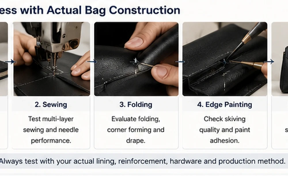 testing PVC leather thickness through cutting sewing folding and bag production