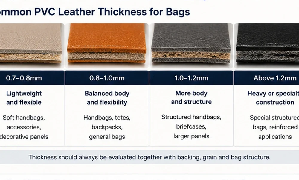 PVC leather thickness comparison for bags from 0.7mm to above 1.2mm
