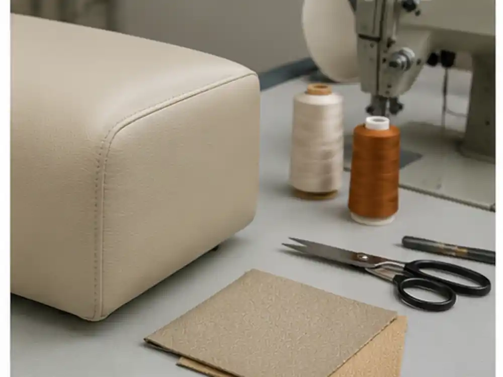 testing PVC leather on a furniture upholstery sample before bulk production
