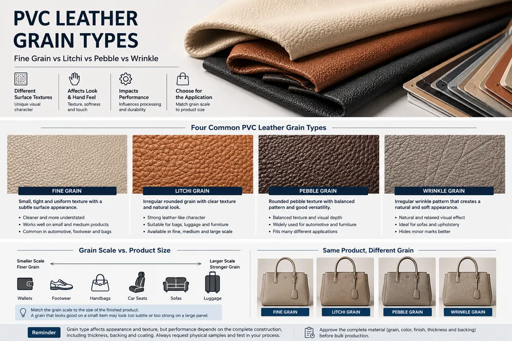 PVC leather grain scale compared with finished product size and applications