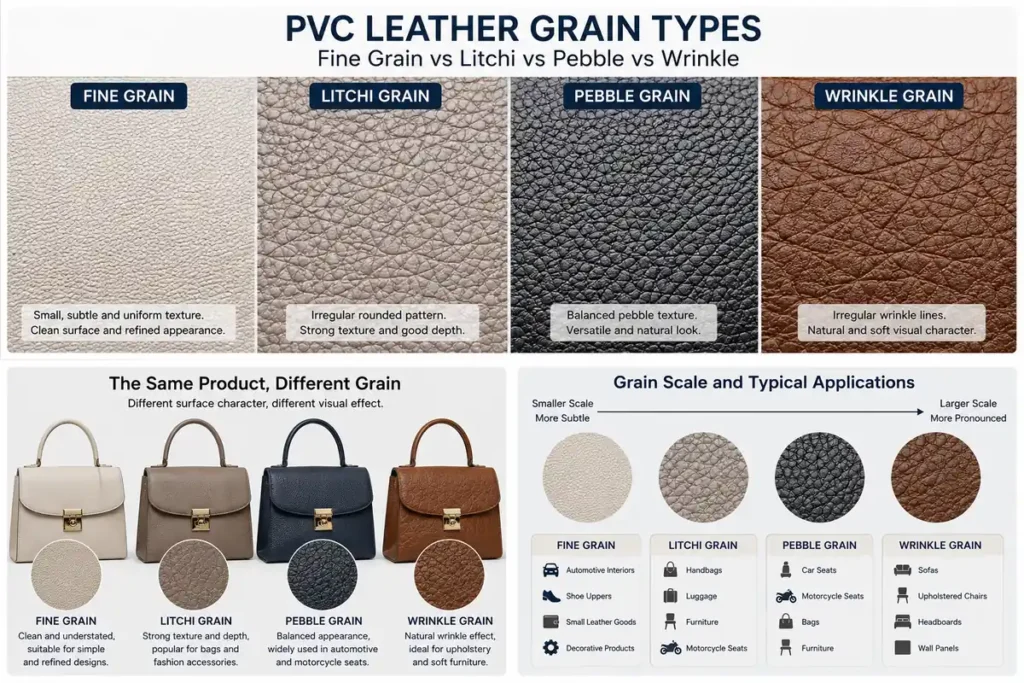 PVC leather grain types fine grain litchi pebble and wrinkle comparison