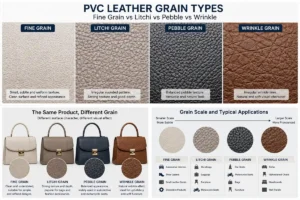PVC leather grain types fine grain litchi pebble and wrinkle comparison