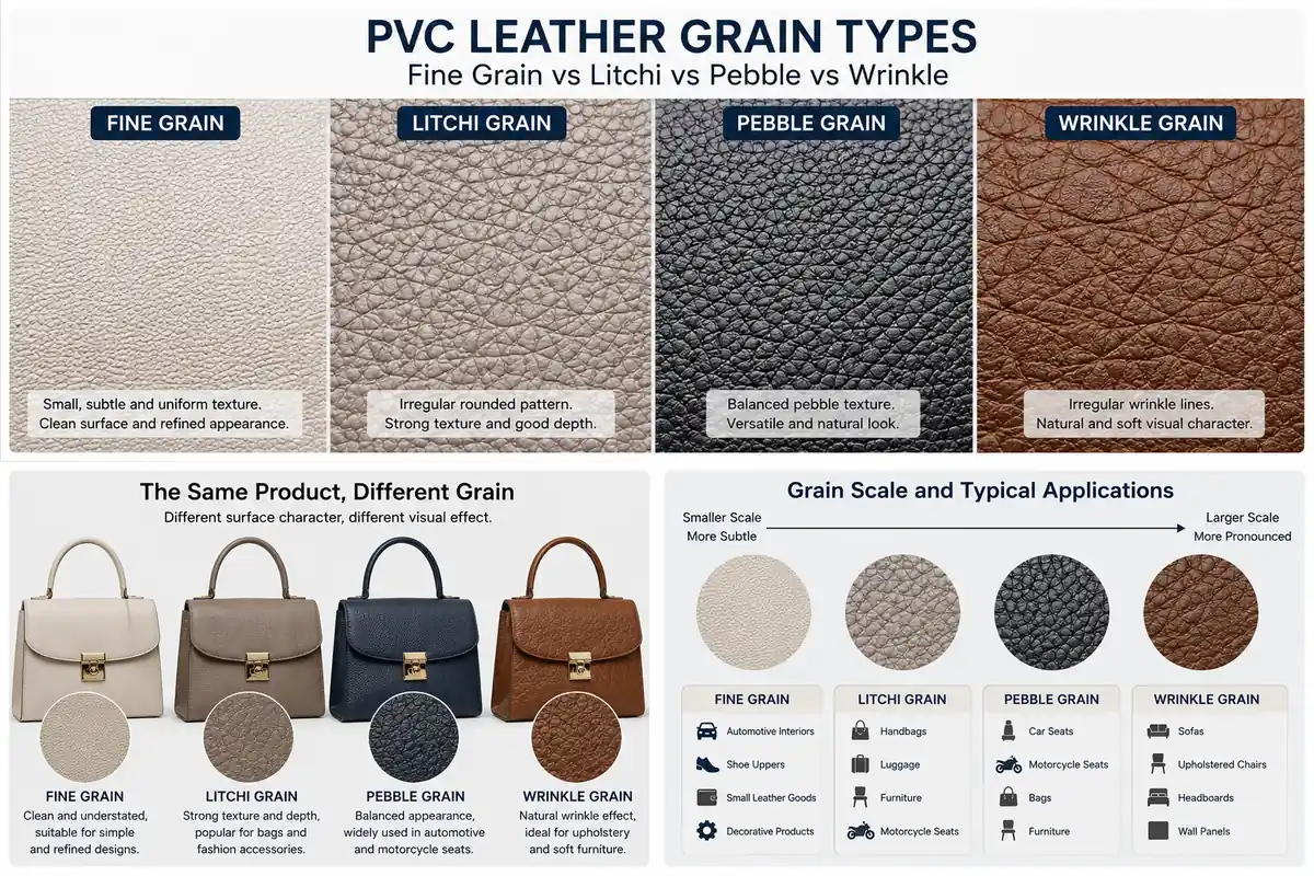 PVC leather grain types fine grain litchi pebble and wrinkle comparison