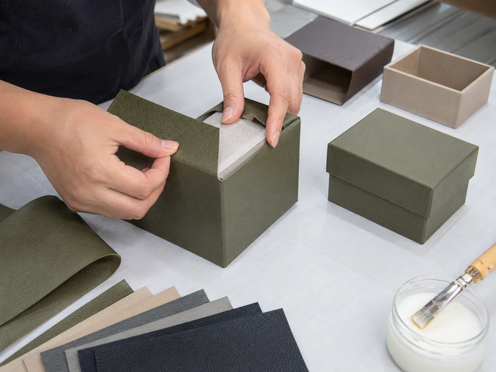testing PVC leather wrapping and bonding on a packaging box