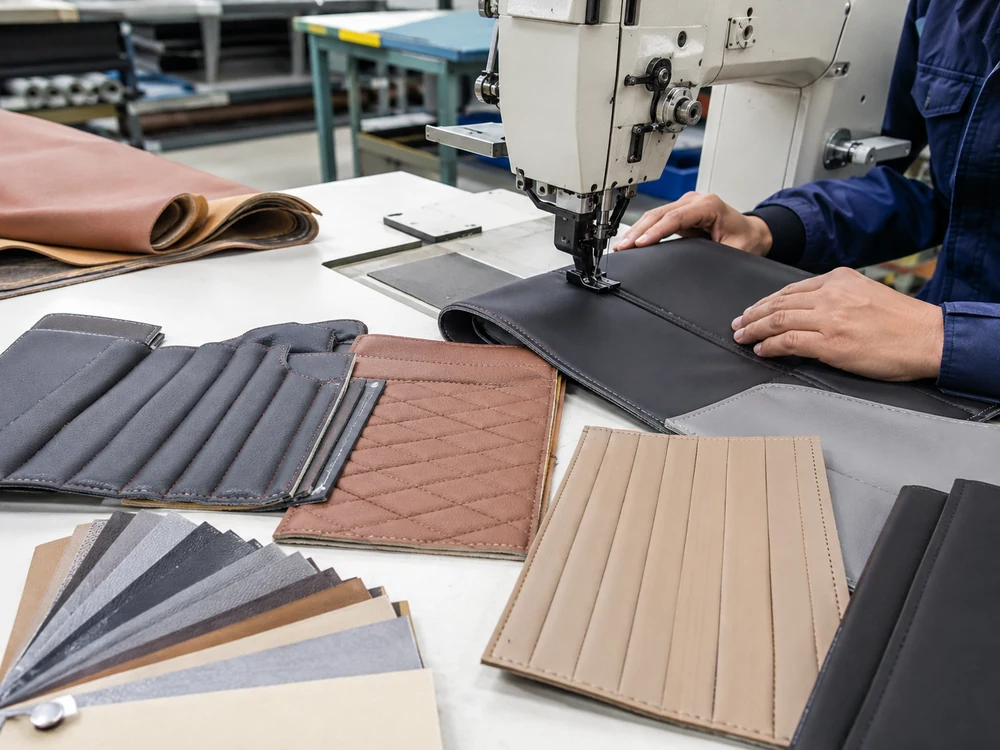 PVC leather sample production testing with cutting and sewing equipment