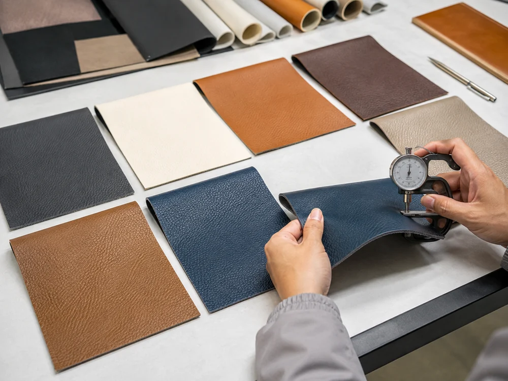 checking PVC leather thickness color grain and backing before bulk production