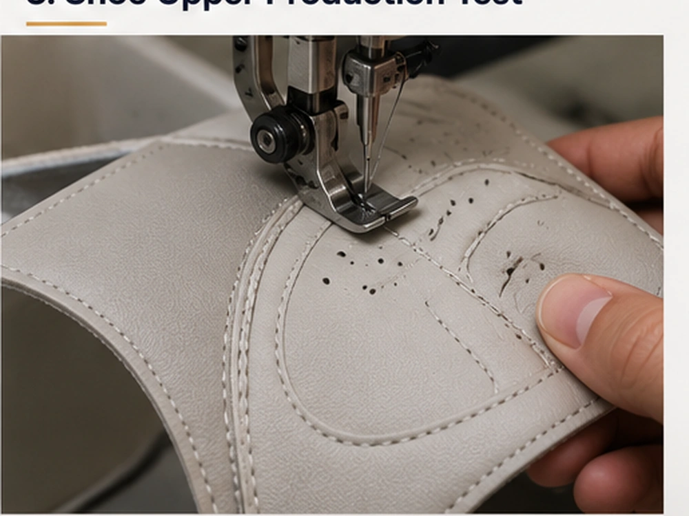 testing PVC leather cutting and stitching for shoe upper production