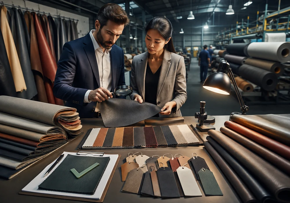 B2B buyer inspecting and approving PVC leather samples before bulk production