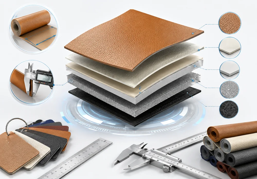 PVC leather material construction showing surface thickness layers and backing