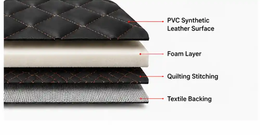quilted automotive leather construction with PVC surface foam stitching and textile backing